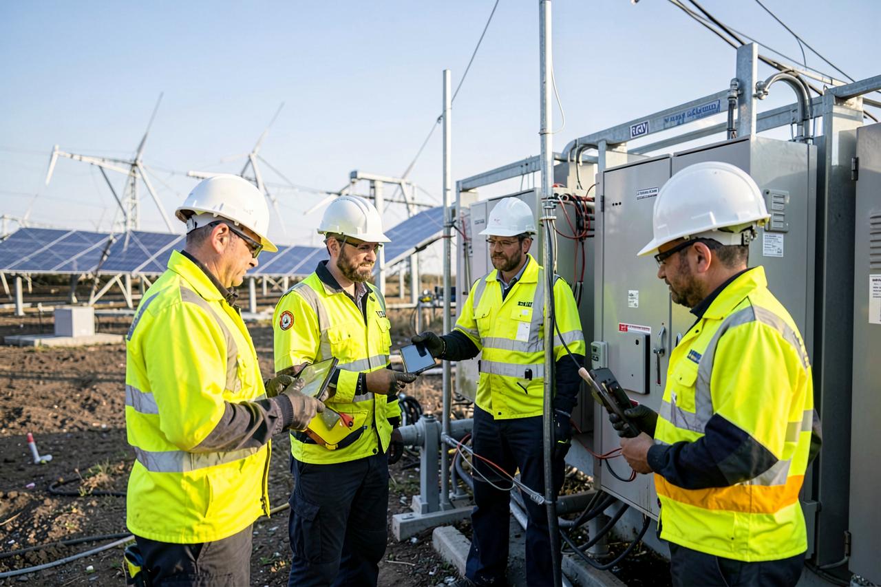 Equipe técnica em campo inspecionando equipamentos de uma usina solar