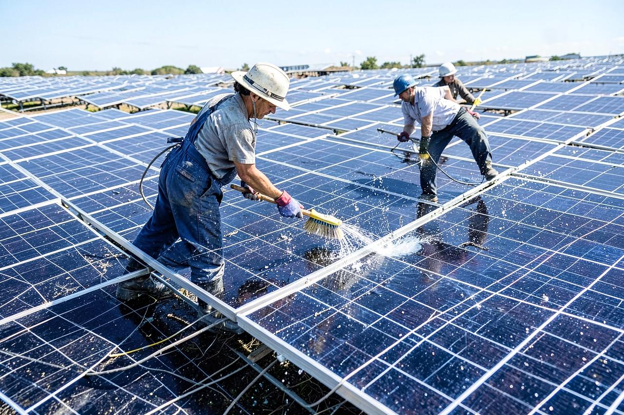 Equipe realizando limpeza de módulos fotovoltaicos